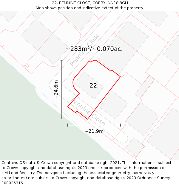 22, PENNINE CLOSE, CORBY, NN18 8GH: Plot and title map