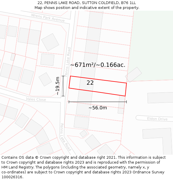 22, PENNS LAKE ROAD, SUTTON COLDFIELD, B76 1LL: Plot and title map