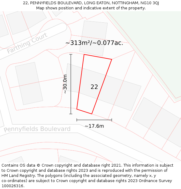 22, PENNYFIELDS BOULEVARD, LONG EATON, NOTTINGHAM, NG10 3QJ: Plot and title map