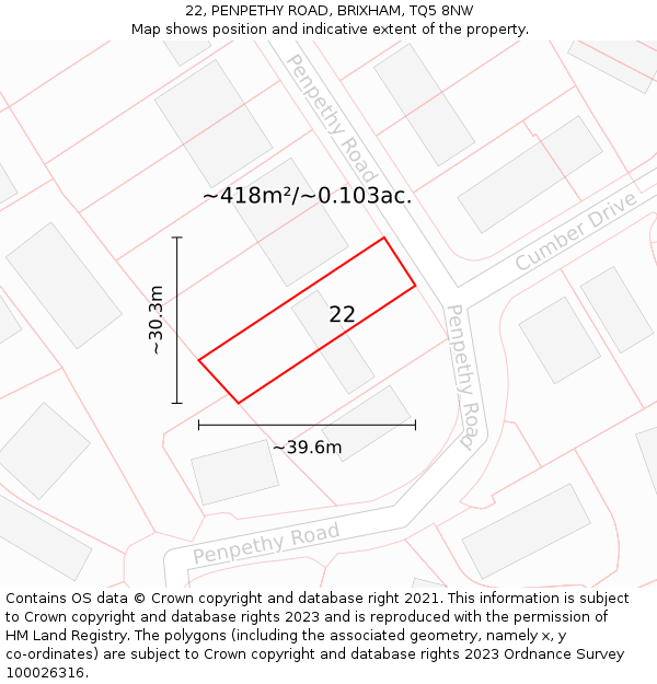 22, PENPETHY ROAD, BRIXHAM, TQ5 8NW: Plot and title map