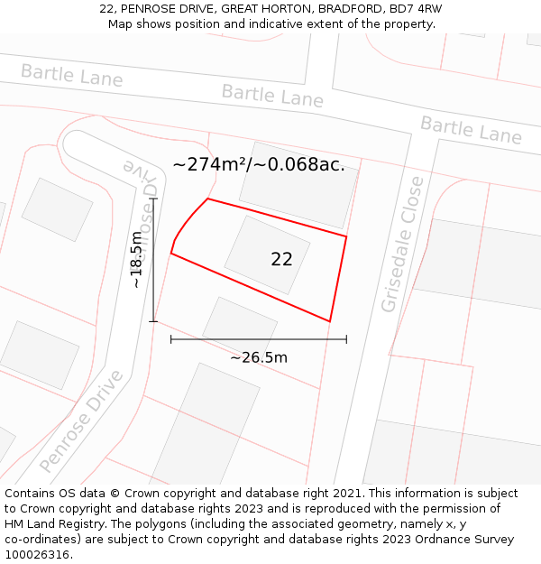 22, PENROSE DRIVE, GREAT HORTON, BRADFORD, BD7 4RW: Plot and title map