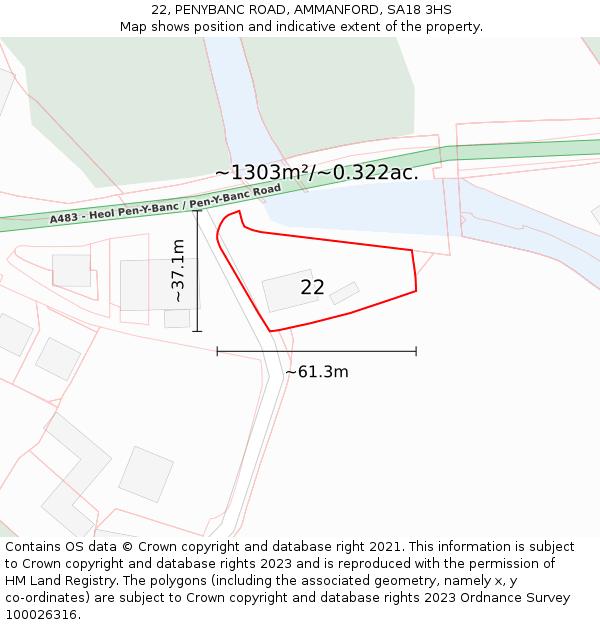 22, PENYBANC ROAD, AMMANFORD, SA18 3HS: Plot and title map