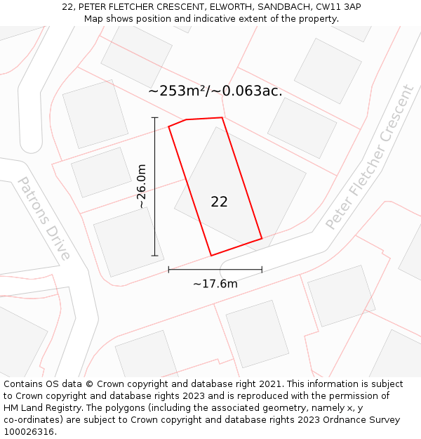 22, PETER FLETCHER CRESCENT, ELWORTH, SANDBACH, CW11 3AP: Plot and title map