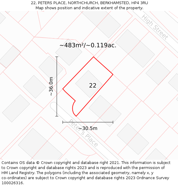 22, PETERS PLACE, NORTHCHURCH, BERKHAMSTED, HP4 3RU: Plot and title map