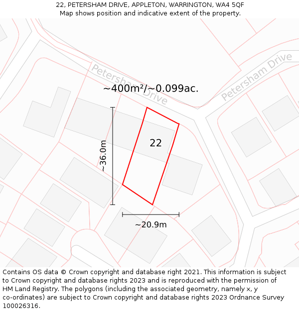 22, PETERSHAM DRIVE, APPLETON, WARRINGTON, WA4 5QF: Plot and title map