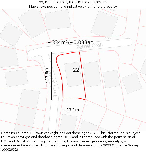 22, PETREL CROFT, BASINGSTOKE, RG22 5JY: Plot and title map