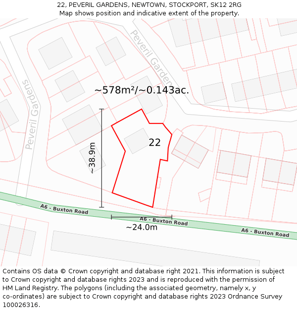 22, PEVERIL GARDENS, NEWTOWN, STOCKPORT, SK12 2RG: Plot and title map