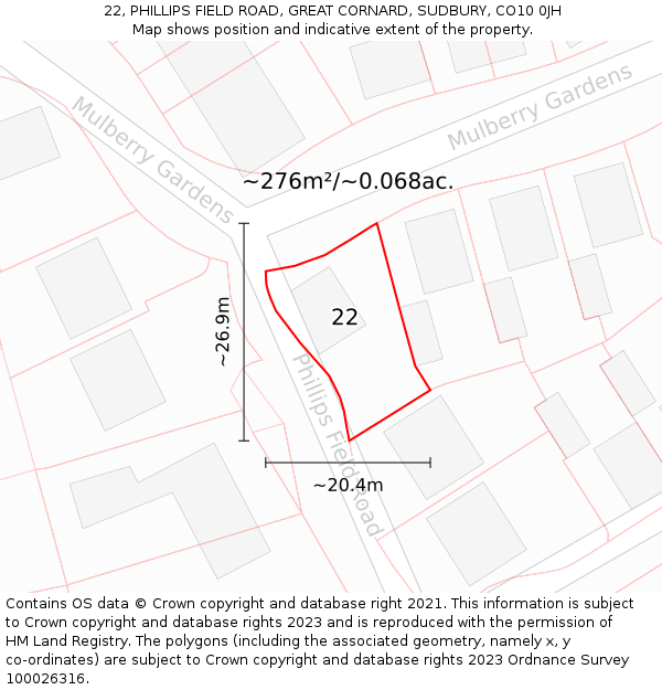 22, PHILLIPS FIELD ROAD, GREAT CORNARD, SUDBURY, CO10 0JH: Plot and title map