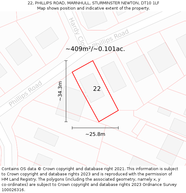 22, PHILLIPS ROAD, MARNHULL, STURMINSTER NEWTON, DT10 1LF: Plot and title map