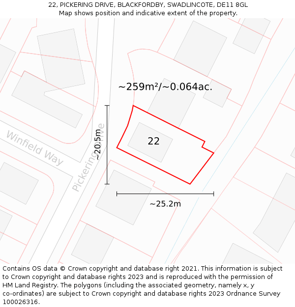 22, PICKERING DRIVE, BLACKFORDBY, SWADLINCOTE, DE11 8GL: Plot and title map