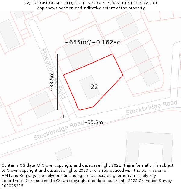22, PIGEONHOUSE FIELD, SUTTON SCOTNEY, WINCHESTER, SO21 3NJ: Plot and title map