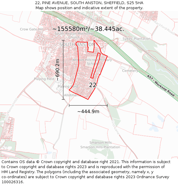 22, PINE AVENUE, SOUTH ANSTON, SHEFFIELD, S25 5HA: Plot and title map