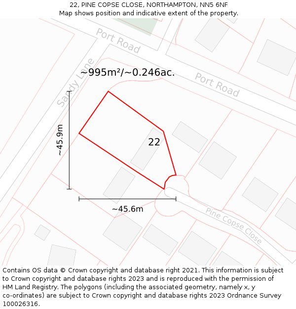 22, PINE COPSE CLOSE, NORTHAMPTON, NN5 6NF: Plot and title map