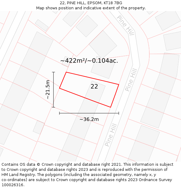 22, PINE HILL, EPSOM, KT18 7BG: Plot and title map