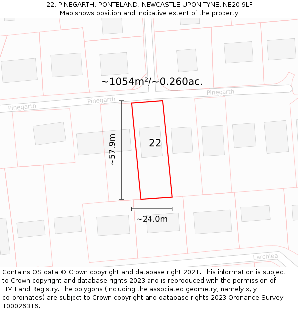 22, PINEGARTH, PONTELAND, NEWCASTLE UPON TYNE, NE20 9LF: Plot and title map