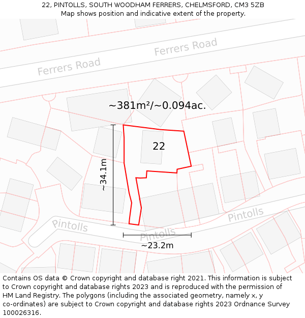 22, PINTOLLS, SOUTH WOODHAM FERRERS, CHELMSFORD, CM3 5ZB: Plot and title map