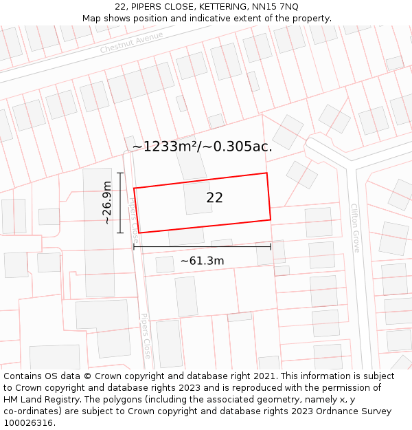 22, PIPERS CLOSE, KETTERING, NN15 7NQ: Plot and title map