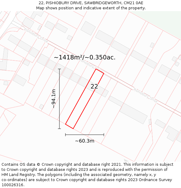 22, PISHIOBURY DRIVE, SAWBRIDGEWORTH, CM21 0AE: Plot and title map