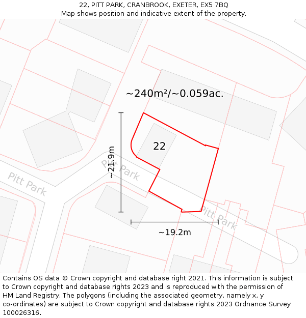 22, PITT PARK, CRANBROOK, EXETER, EX5 7BQ: Plot and title map