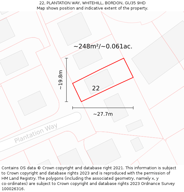 22, PLANTATION WAY, WHITEHILL, BORDON, GU35 9HD: Plot and title map