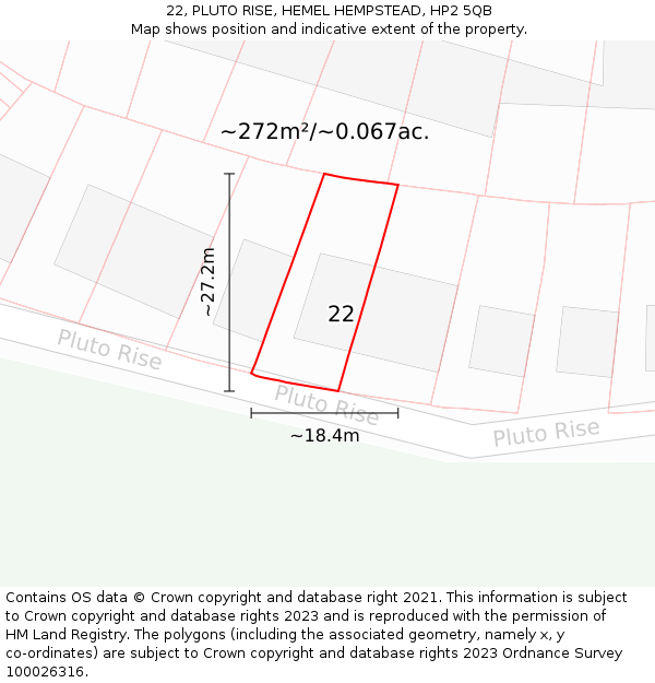 22, PLUTO RISE, HEMEL HEMPSTEAD, HP2 5QB: Plot and title map