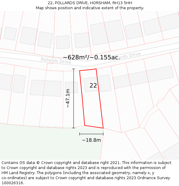 22, POLLARDS DRIVE, HORSHAM, RH13 5HH: Plot and title map