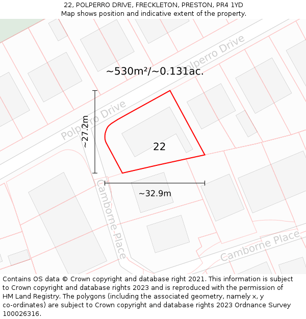 22, POLPERRO DRIVE, FRECKLETON, PRESTON, PR4 1YD: Plot and title map