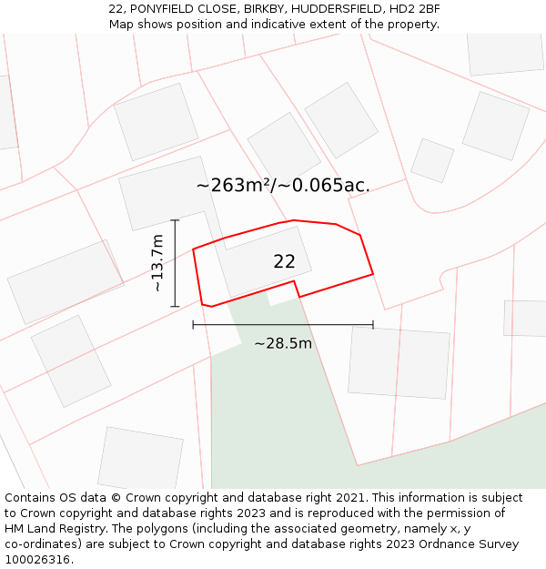 22, PONYFIELD CLOSE, BIRKBY, HUDDERSFIELD, HD2 2BF: Plot and title map