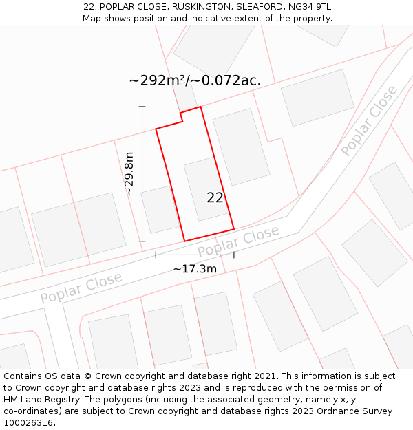 22, POPLAR CLOSE, RUSKINGTON, SLEAFORD, NG34 9TL: Plot and title map