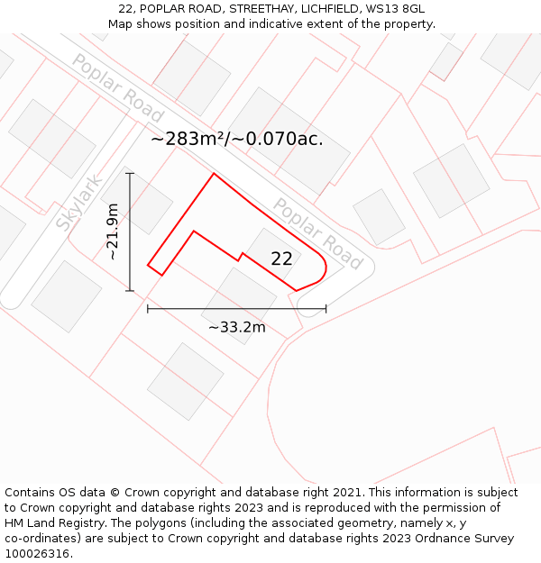 22, POPLAR ROAD, STREETHAY, LICHFIELD, WS13 8GL: Plot and title map