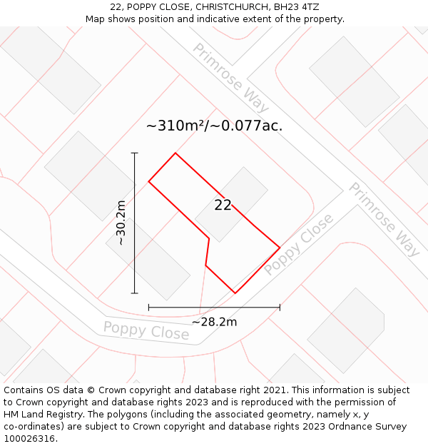22, POPPY CLOSE, CHRISTCHURCH, BH23 4TZ: Plot and title map