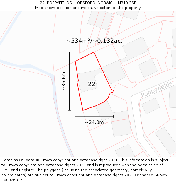 22, POPPYFIELDS, HORSFORD, NORWICH, NR10 3SR: Plot and title map