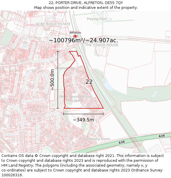 22, PORTER DRIVE, ALFRETON, DE55 7QY: Plot and title map