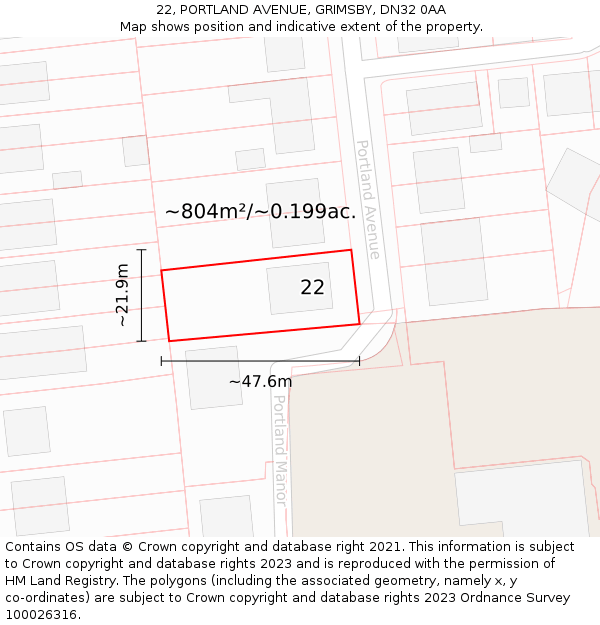22, PORTLAND AVENUE, GRIMSBY, DN32 0AA: Plot and title map
