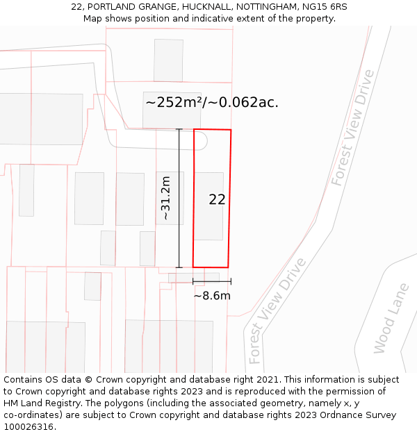 22, PORTLAND GRANGE, HUCKNALL, NOTTINGHAM, NG15 6RS: Plot and title map