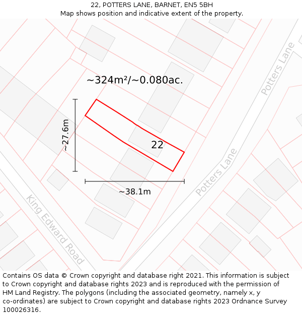 22, POTTERS LANE, BARNET, EN5 5BH: Plot and title map