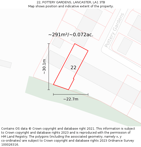 22, POTTERY GARDENS, LANCASTER, LA1 3TB: Plot and title map