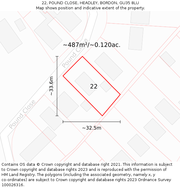 22, POUND CLOSE, HEADLEY, BORDON, GU35 8LU: Plot and title map