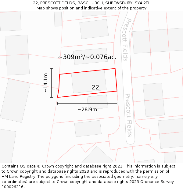 22, PRESCOTT FIELDS, BASCHURCH, SHREWSBURY, SY4 2EL: Plot and title map