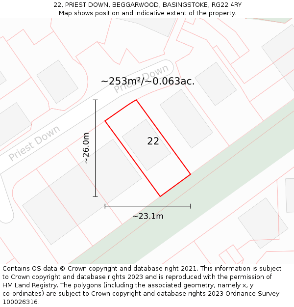 22, PRIEST DOWN, BEGGARWOOD, BASINGSTOKE, RG22 4RY: Plot and title map