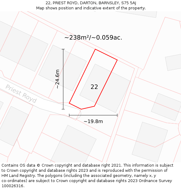 22, PRIEST ROYD, DARTON, BARNSLEY, S75 5AJ: Plot and title map
