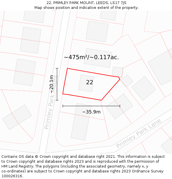 22, PRIMLEY PARK MOUNT, LEEDS, LS17 7JS: Plot and title map