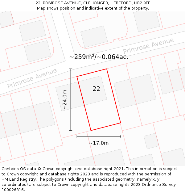 22, PRIMROSE AVENUE, CLEHONGER, HEREFORD, HR2 9FE: Plot and title map