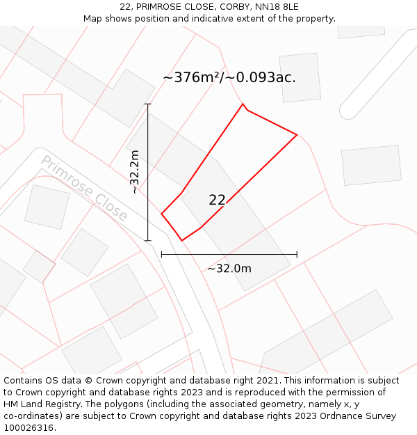 22, PRIMROSE CLOSE, CORBY, NN18 8LE: Plot and title map
