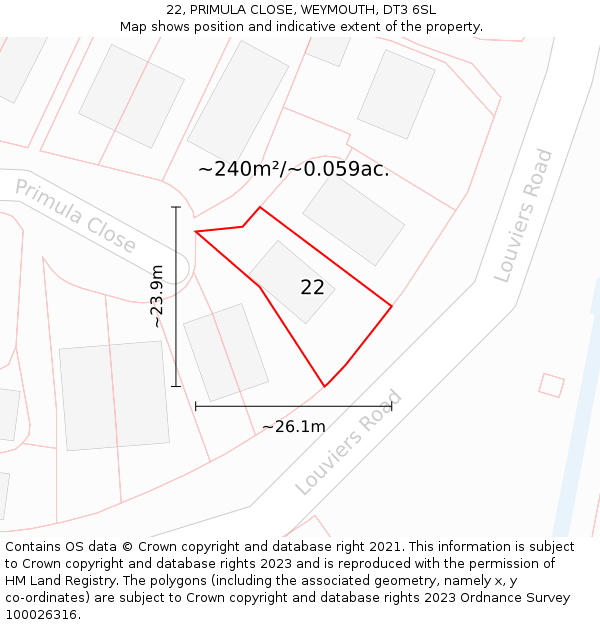22, PRIMULA CLOSE, WEYMOUTH, DT3 6SL: Plot and title map