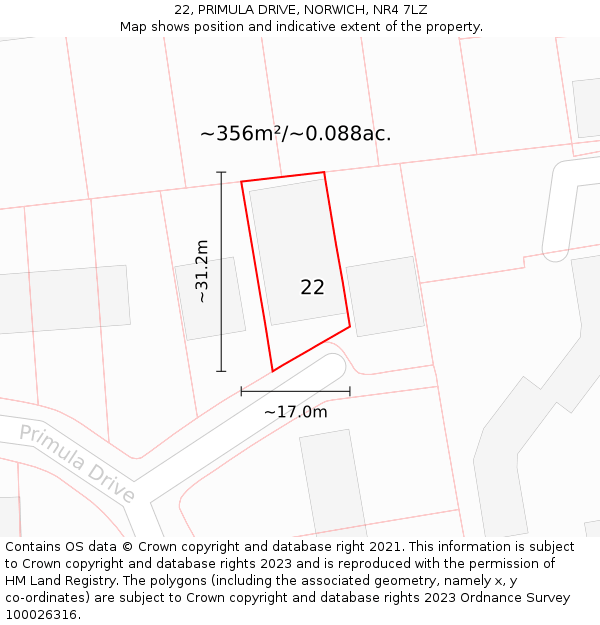 22, PRIMULA DRIVE, NORWICH, NR4 7LZ: Plot and title map