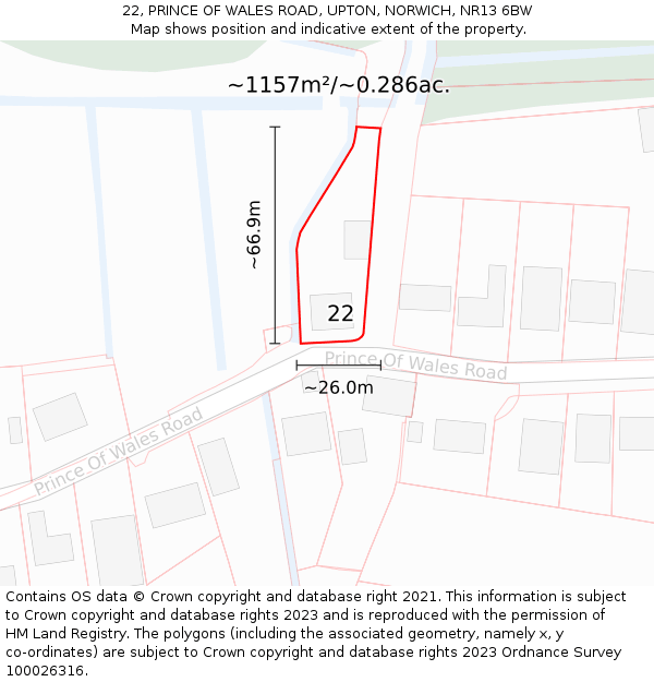 22, PRINCE OF WALES ROAD, UPTON, NORWICH, NR13 6BW: Plot and title map