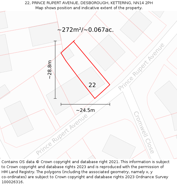 22, PRINCE RUPERT AVENUE, DESBOROUGH, KETTERING, NN14 2PH: Plot and title map