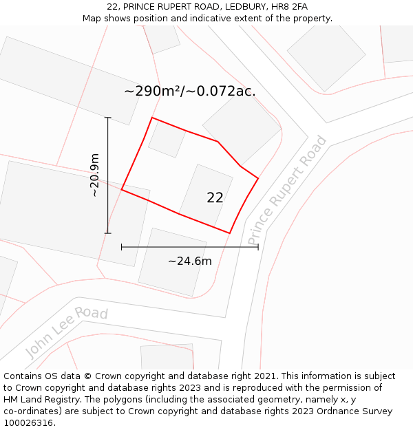 22, PRINCE RUPERT ROAD, LEDBURY, HR8 2FA: Plot and title map