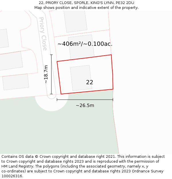 22, PRIORY CLOSE, SPORLE, KING'S LYNN, PE32 2DU: Plot and title map